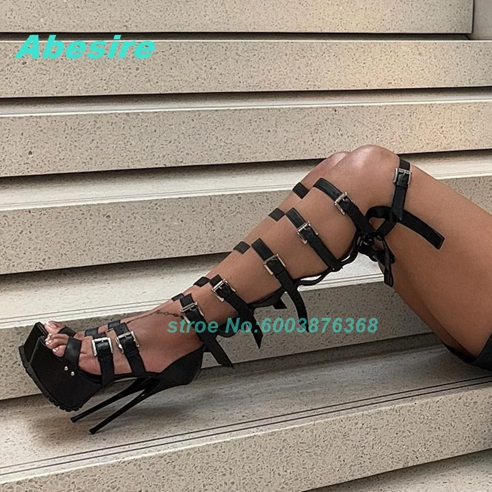 Platform Peep Toe Stiletto Heels Hollow Out Shoes for Women Rivet Patchwork Multi-Buckles Sandal Boots Spicy Girls Party Shoes