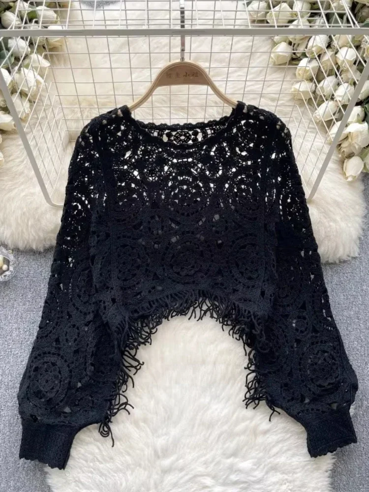 الربيع عارضة فضفاض الحياكة أعلى س الرقبة هوك زهرة جوفاء طويلة الأكمام شرابة تصميم الأزياء الفرنسية خمر بلوزة الشارع الشهير #6