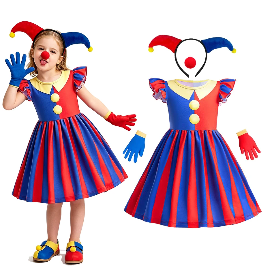 Girls Jester Clown Cosplay Dress Yellow Peter Pan Collar Ruffle Sleeve Red Blue Stripe Swing Dress Kids Halloween Carnival Set
