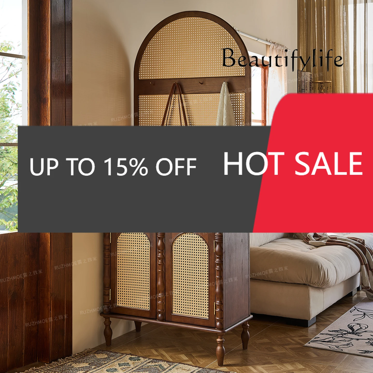 

S45 French Retro Rattan Entrance Cabinet Entry Partition Shoe Cabinet Front Door Small Apartment Screen Storage Integrated