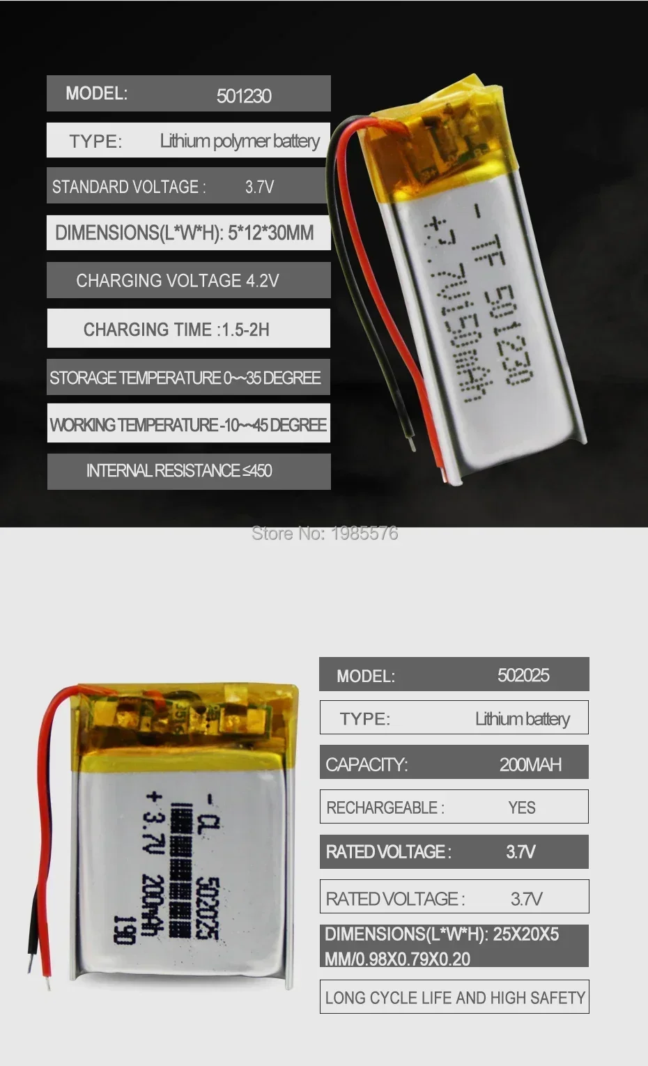 3.7V 200mAh 502025 Lithium Polymer Li-Po li ion Rechargeable Battery For toys speaker Tachograph MP3 MP4 GPS Bluetooth Lipo cell