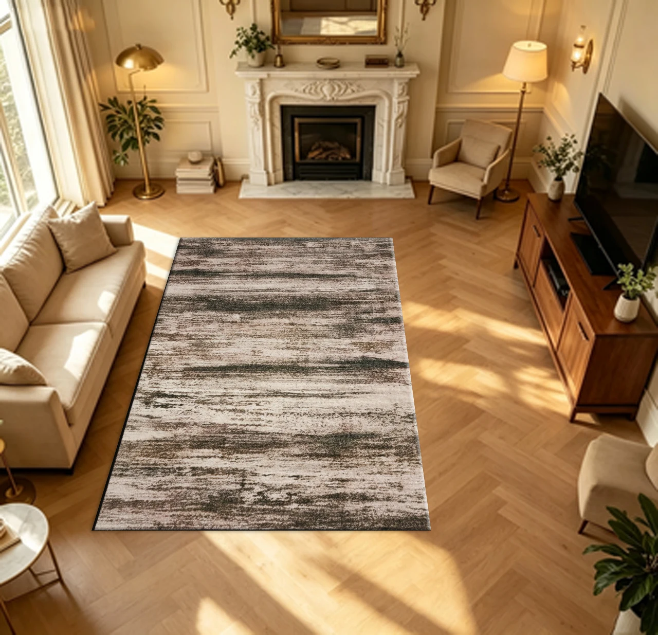 Dark Brown Vertical Brushed Texture Carpet Flooring Rustic Vintage Worn Large Area Rug for Household Interior Decoration