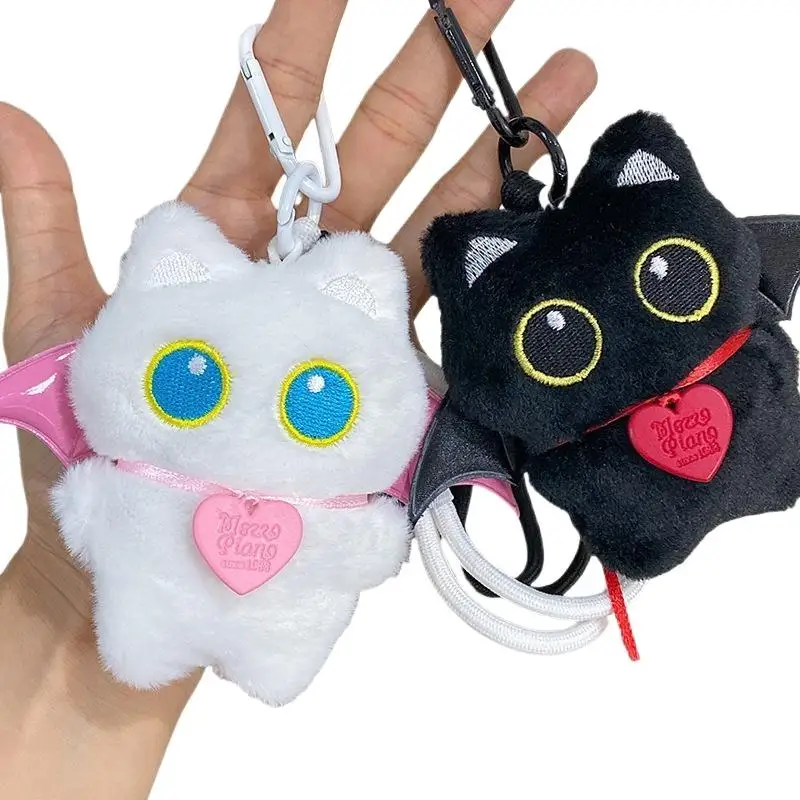Schattige zwarte kat pluche sleutelhanger met vleugels; Schattige tas charme; Rugzakdecoratie; Uniek Kawaii cadeau voor koppels.