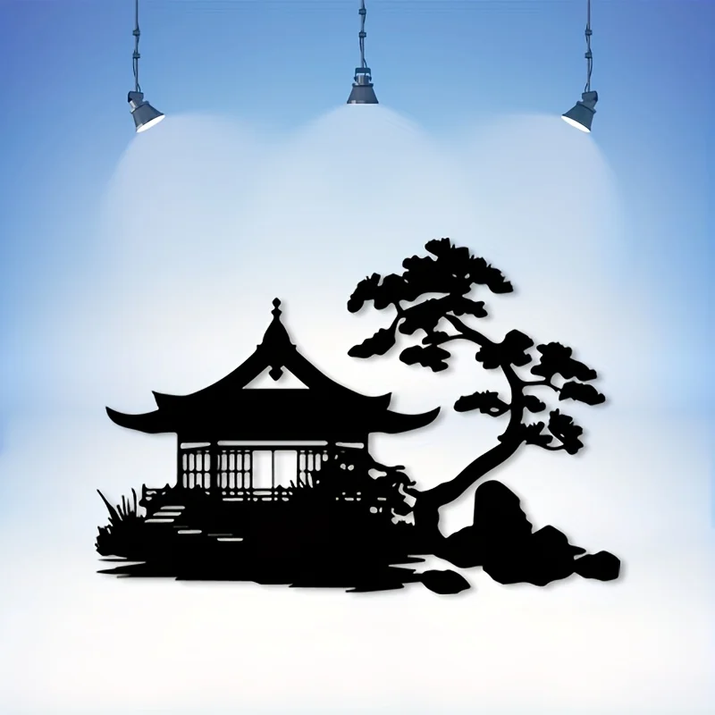Brand Vintage Japanese Iron Wall Art Rust Resistant Pagoda Pine Tree Silhouette Asian Decor For Patio Living Room Home Garden