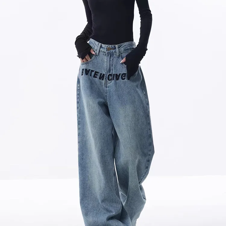 

Women's Loose Wide Leg Floor-Length Jeans Embroidery Design Casual Comfortable Fit l Waist Denim Pants Autumn Faion