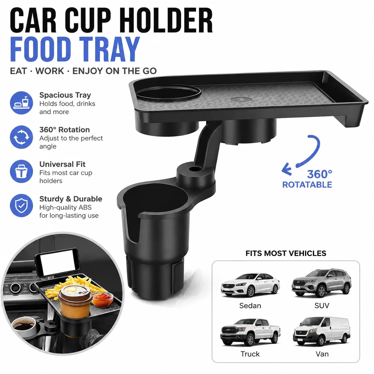 Universal Car Cup Holder Tray 360 Degree Rotation Table Slot Car Trays Organizer with Double Cupholders Car Interior Accessories