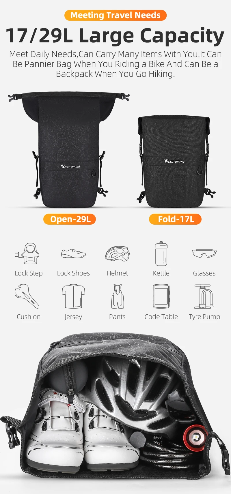 WEST BIKING Wasserdichte Fahrradtasche 17-29L Große Kapazität Fahrrad-Gepäckträgertasche Langstrecken-Reisetasche MTB Rennrad Zubehör – Detail 10