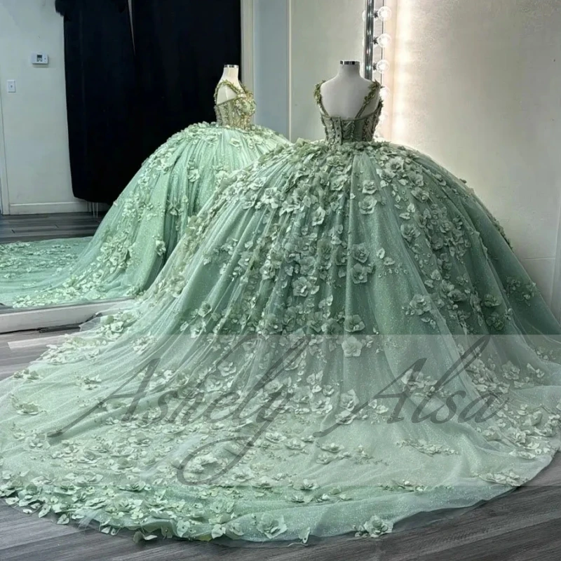 Customized Mint Green Mexican Swee 15 Year Girl Quinceanera Dress 3D Flower Lace Up Ball Gown Women Prom Birthday Party Dress 16