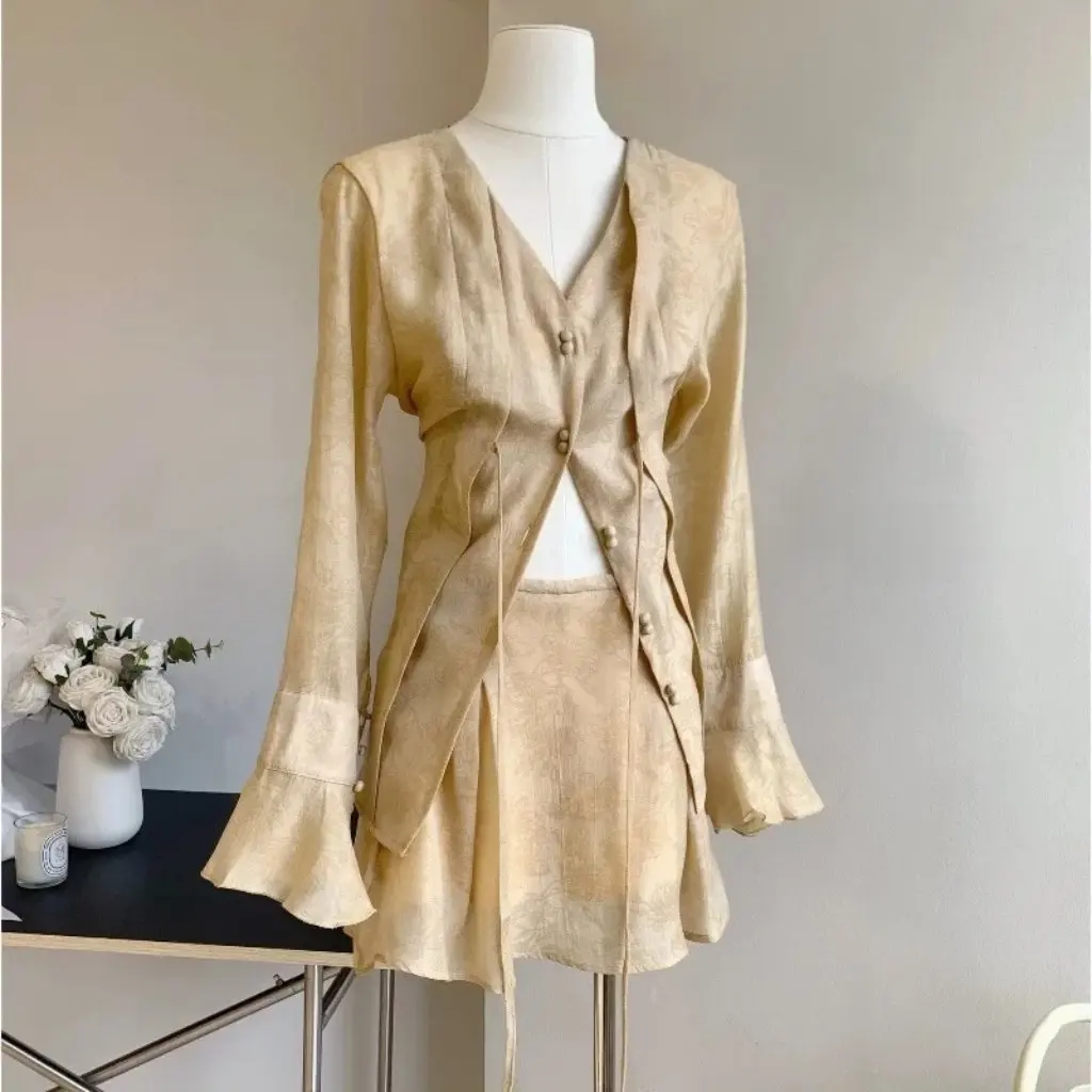 Women's Summer New Chinese Style Suit Solid Color Casual Shirt Top Small Guofeng Two-piece All-match