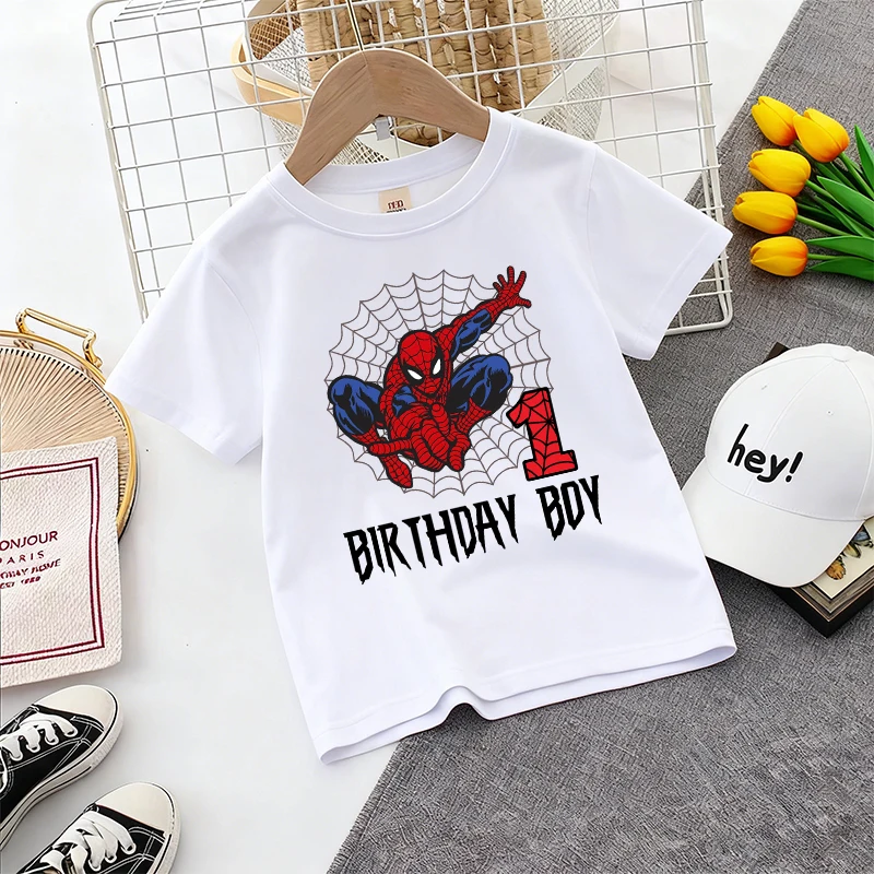 

Cute Spidermans Kids T-shirt Teenager Birthday Number Anime Print Boy Cotton Tee Sport Streetwear Summer Clothes Party Game Gift