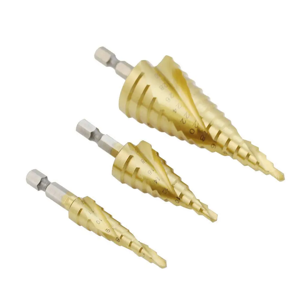 Imagem -05 - Hss Hex Titanium Coated Step Cone Broca Buraco Metal Madeira Cortador Ferramenta 412 mm 420 mm 4-22 mm 432 mm Universal Chuck Adapter