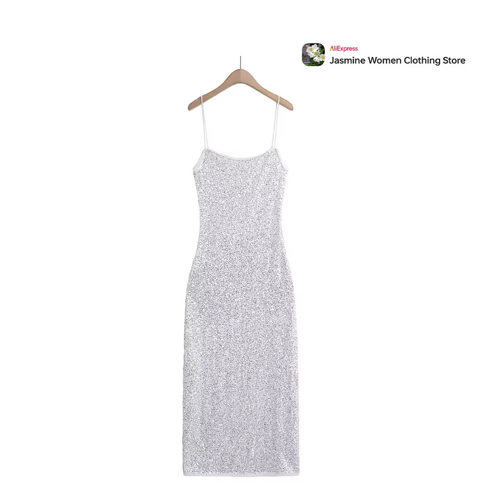 

TRAF ZR Midi Dresses for Women Elegant Gowns Sequins Party Outfits Slight Strech Camisole Dress Vintage Summer Dress Streetwear