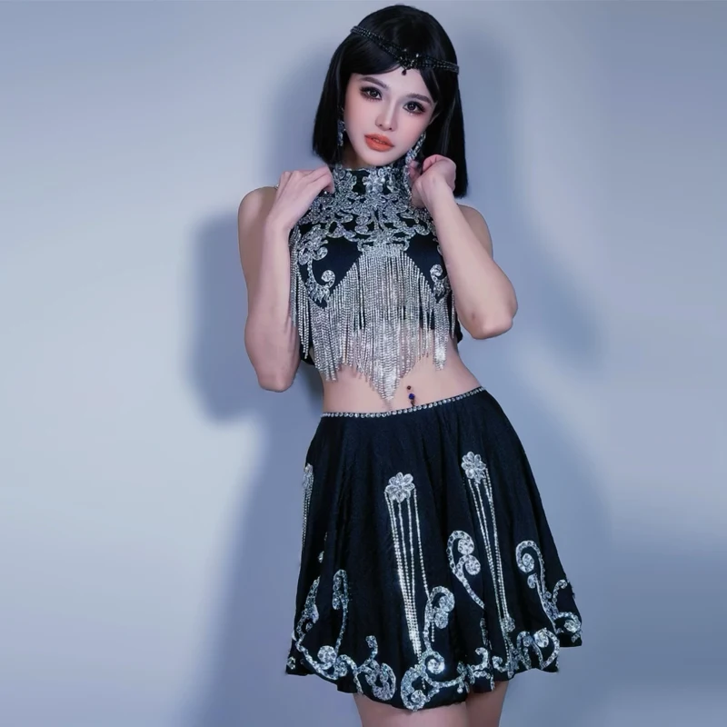 Strass completo jazz dança traje feminino grupo desempenho outfit bar boate dj ds palco festival saia superior rave wear xs9863