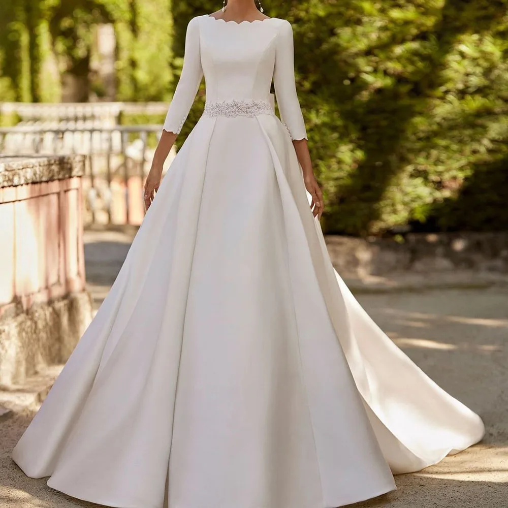 Elegant Wedding Dresses Backless Bow Draped O-Neck Three Quarter Sleeve Chapel Train Princess Gowns vestidos de novia 2025