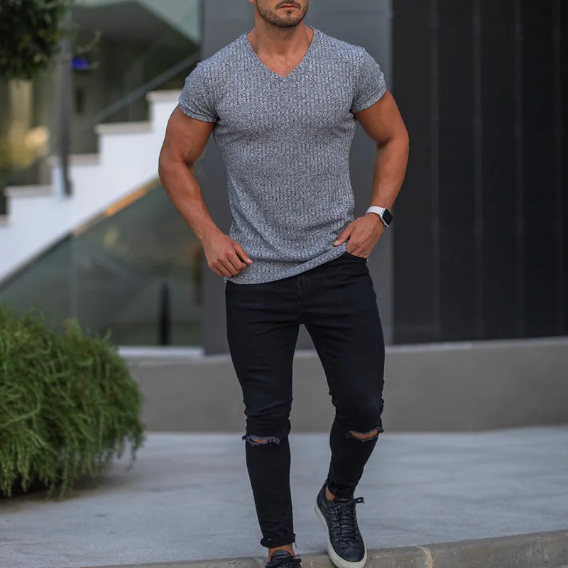 2024 Hot Selling Men\'s Summer Slim V-Neck Casual Sports Breathable Solid Color Short Sleeve T-Shirt Sweat-Wicking