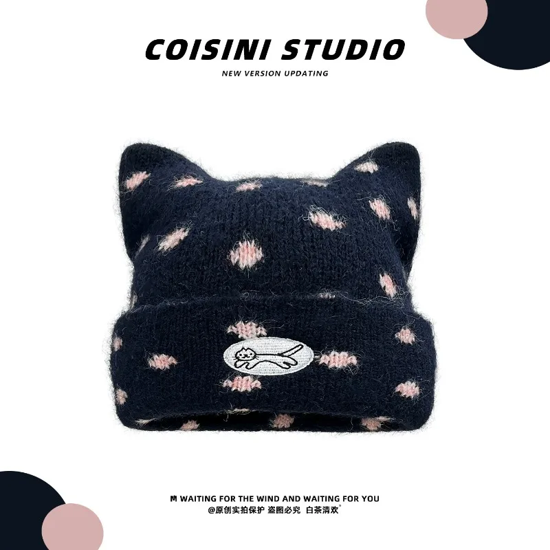 Y2K Cute Cat Ear Knitted Beanies for Women Winter Polka Dot Jacquard Warm Fuzzy Cuffed Hat Korean Style Label Decor Skullcap