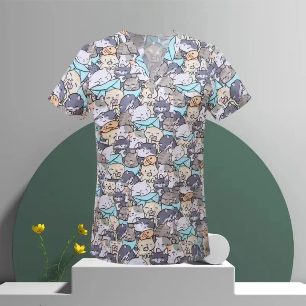 ملابس التمريض النسائية عالية الجودة طباعة الملحقات الأطباء الزي الطبي مستشفى ممرضة صالون تجميل الدعك أعلى النساء