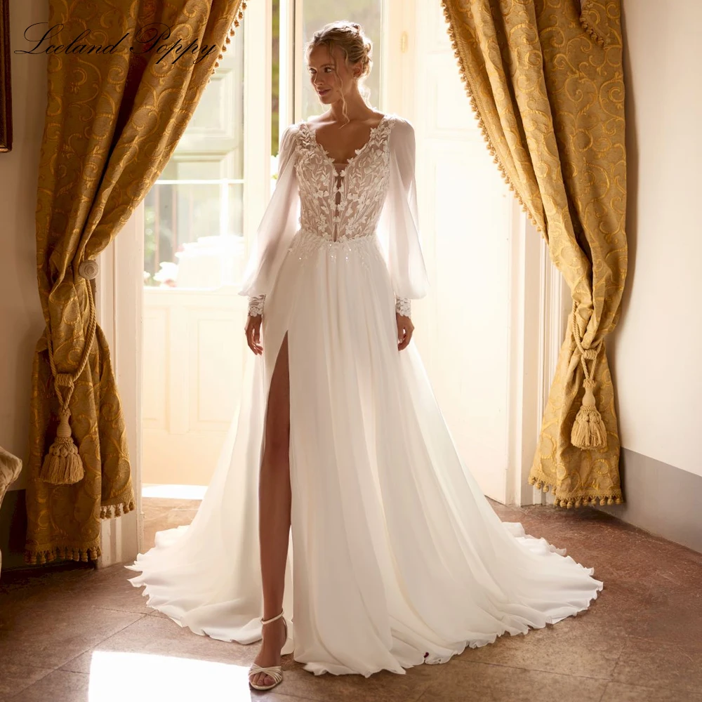 Lceland Poppy Customized A Line V Neck Chiffon Wedding Dresses Illusion High Slit Bridal Gowns with Removable Sleeves
