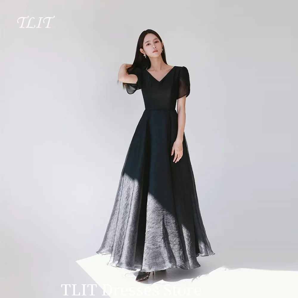 

TLIT Women Simple Black Organza Evening Dress Deep V-Neck Simple A-Line Prom Gowns Customized Floor-Length Dress Formal Party