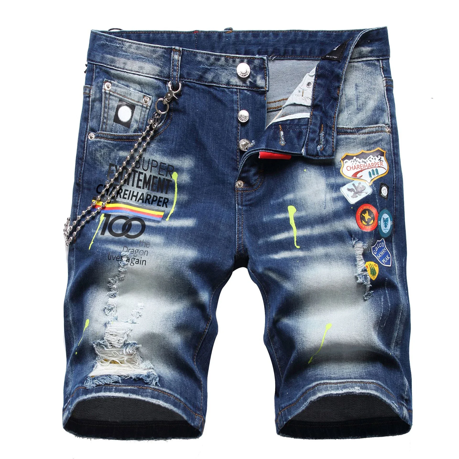 

chareiharper 1123 plus size Ripped and painted denim shorts men thin wear fashionable five quarter pants fashion hot picture s