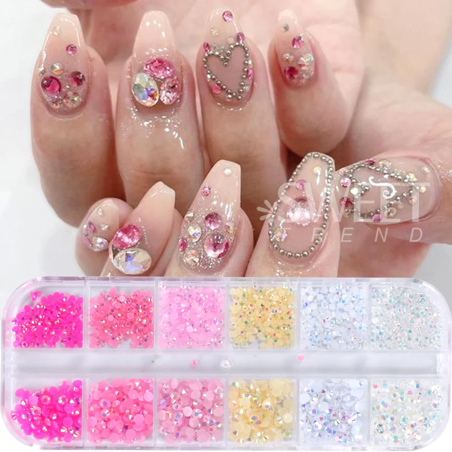 12 Grid Jelly Crystal strass Nail Decoration 2/3mm Macaron Candy AB Color Flat Back Nail Charm gioielli con gemme fai da te forniture per unghie