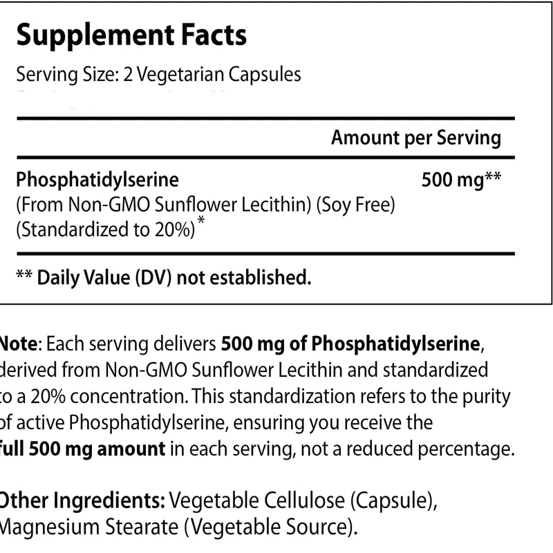 Phosphat idyl serin 500mg 60 vegetarische Kapseln | Nicht GVO Soja frei | Gehirn verstärker