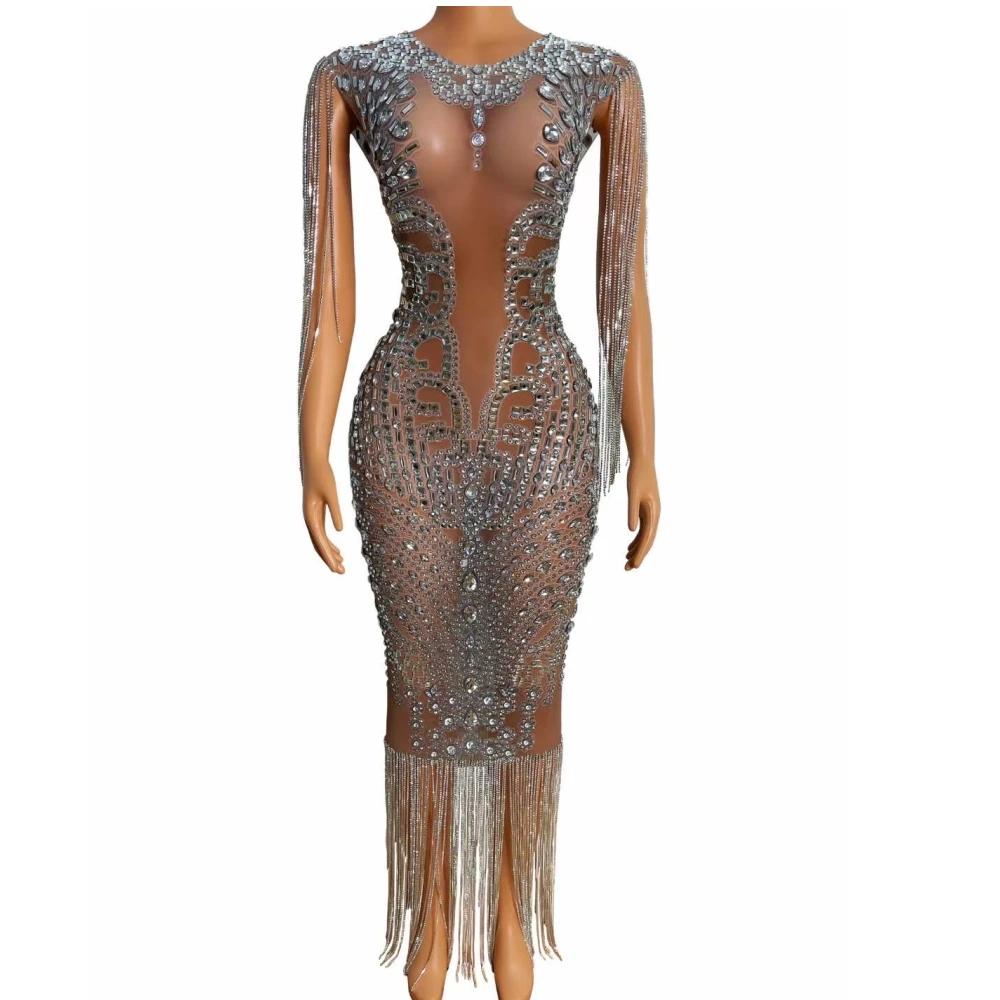 

Sleeveless Shining Crystal Rhinestones Tassel Perspective Dress For Women Party Club Clothing Stage Singer Costumes Prom Wear