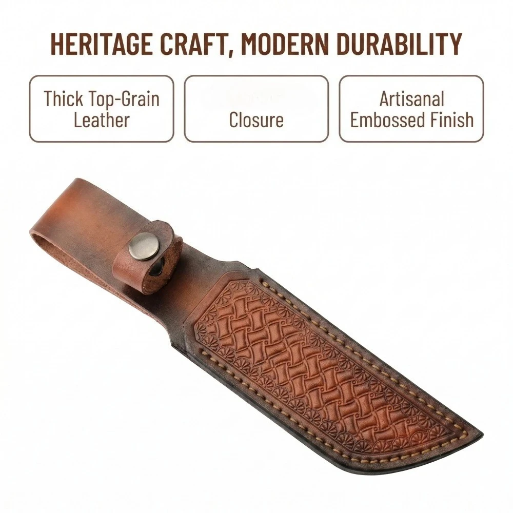 Vintage Embossed Top-Grain Leather Sheath with Snap Closure Retro Brown Rubbing Technique Outdoor Knife Essential Sheath