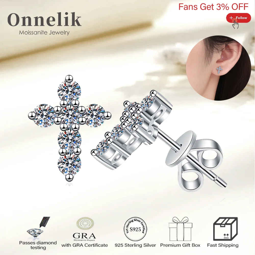 

Onnelik All 2mm Moissanite Diamond Cross Earrings with GRA for Women 100% 925 Sterling Silver Wedding Fine Jewelry Gifts