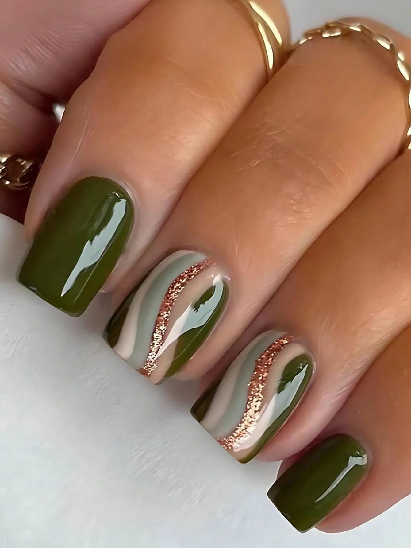 

24Pcs Short Coffin Press On Nails, Army Green Swirl Gold Glitter Fake Nails, Full Cover Acrylic False Nails