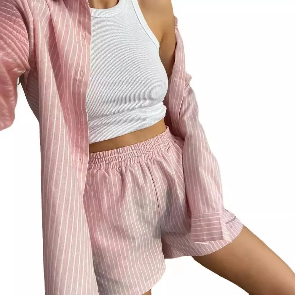 

Повседневная блузка на пуговицах, рубашки с длинными рукавами, женские шорты с эластичной резинкой на талии, спортивный женский короткий комплект из двух предметов в полоску с принтом