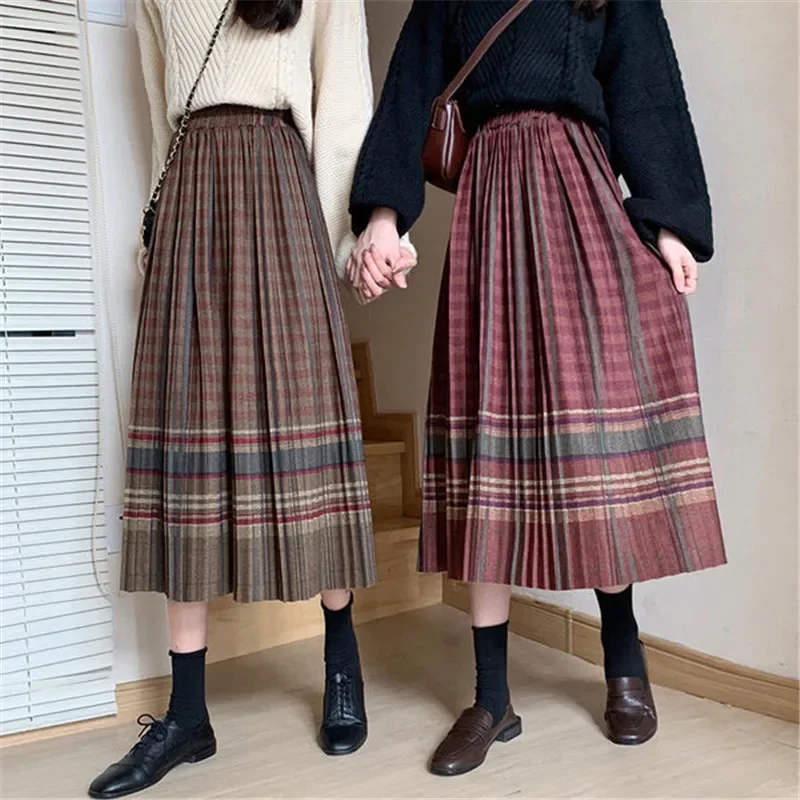 

2020 HOT Women skirt Loose Oversize High waist A-line denim long skirt Plus size Pleated Fashion female Plaid skirts Solid