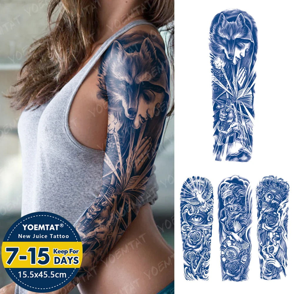 Praying Angel Large Full Arm Sleeve Juice Ink Waterproof Temporary Tattoo Sticker Wolf Moon Forest Fake Tatoo Body Art Women Men