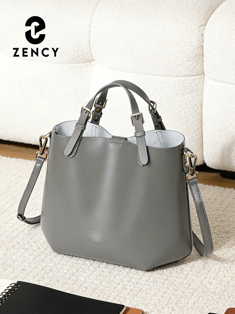Zency New Genuine Leather Simple Shoulder Bag Large Capacity Women Handbags Crossbody Vintage Oil Wax Shoper Tote Bucket Bag
