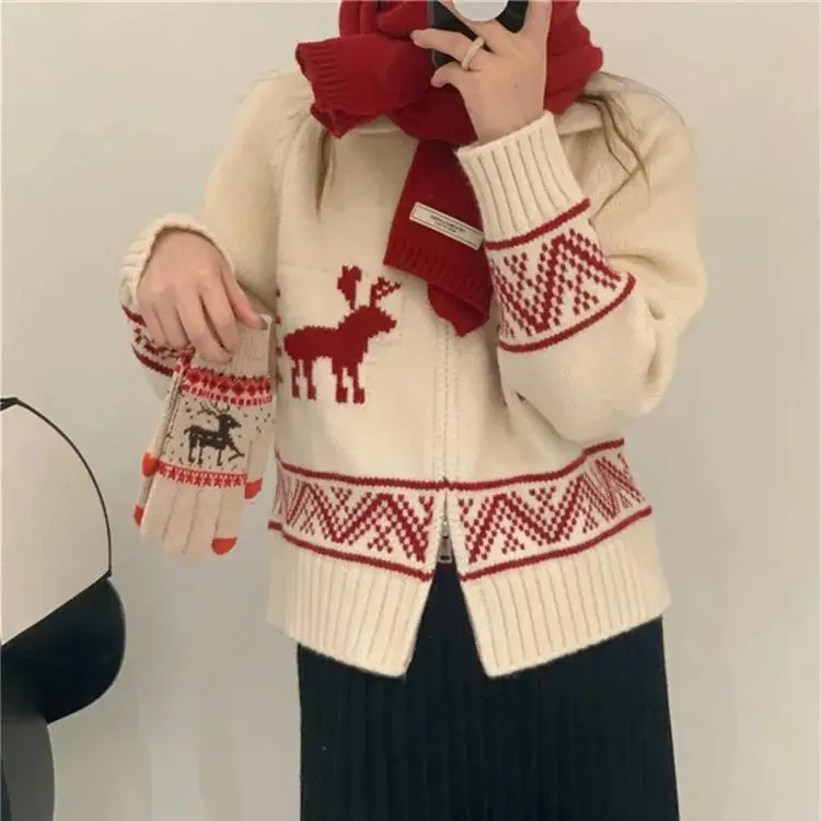 Hsa Vintage Argyle Oversize Christmas Sweater Cardigans Women Harajuku Sweet Deer Thick Y2k Tops Autumn Winter Clothes