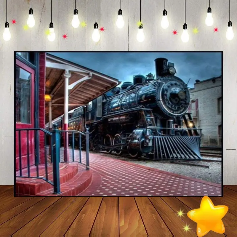 Old Steam Locomotive Background Banner Birthday Decoration Party Photography Backdrops Train Railroad Track Custom Backdrop