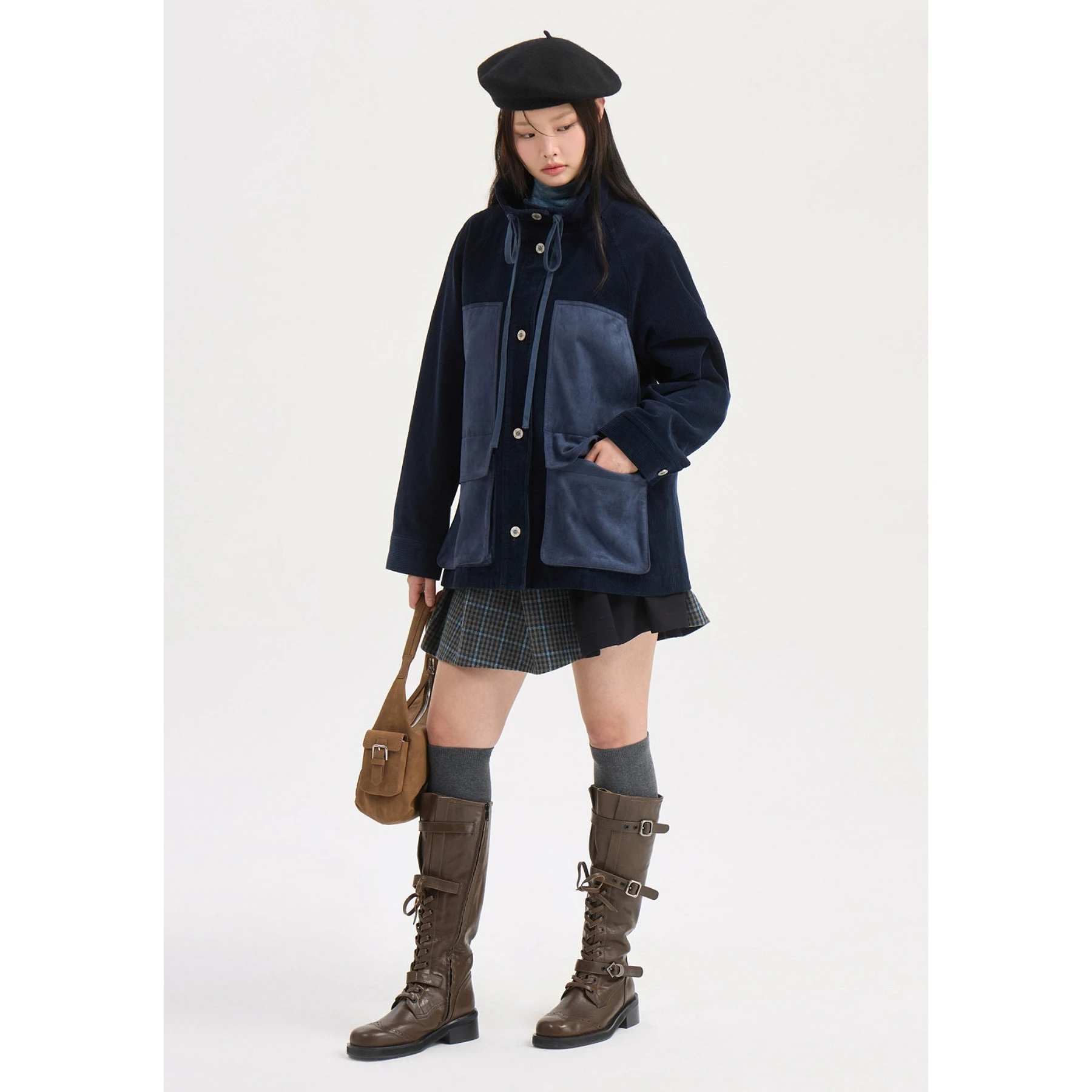 Lemon Cheese LUC26 Veste Courte Décontractée pour Femme, Style Printemps, Vêtement de Travail, en Velours Côtelé avec Patchwork en Daim et Multi-poches