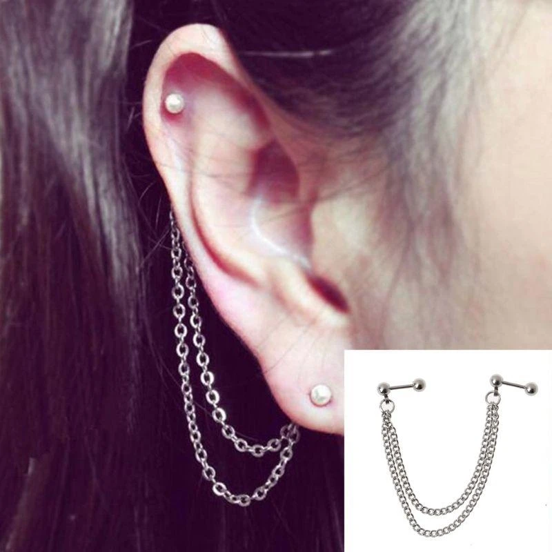 Niche Punk Earrings with Chain Dangle Earrings Double Piercing Earring All-match for Couple Daily Wear Dating Day