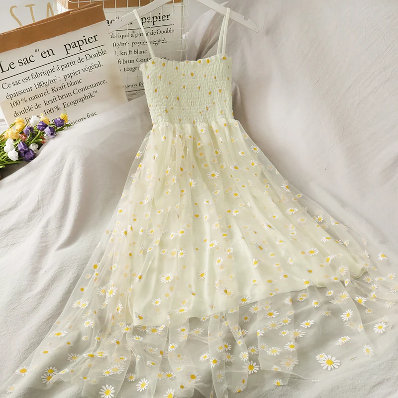 Vestido em malha com alça de espaguete, moda coreana, estampado com flores, 2 camadas doces, vestidos de férias, praia, verão