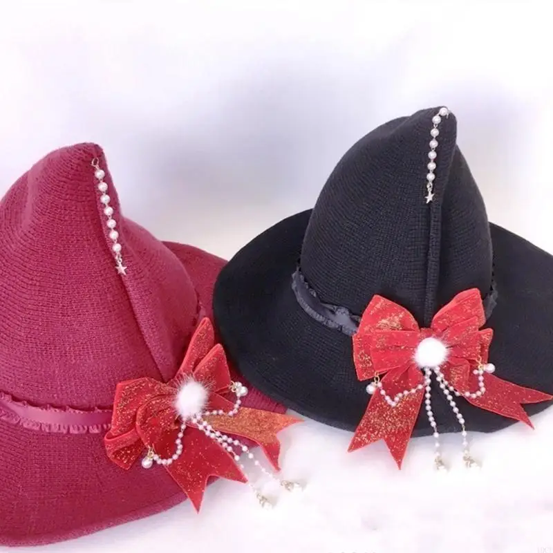 هالوين قبعة الساحرة للنساء مع شرابات Bowknot Y2K Lolitas الدعائم الطرف قبعة الإناث معالج قبعة تأثيري حلي قبعة #4