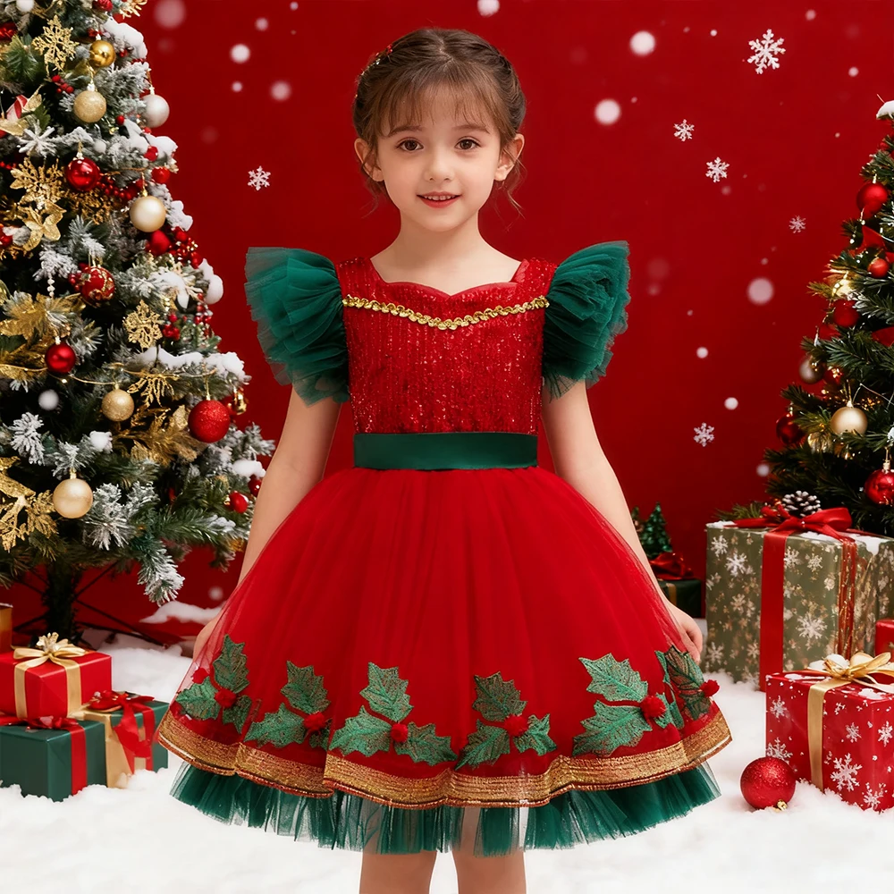 

New Year Children's Red Christmas Dress Sequin Tulle Princess Dress Halloween Costumes Kids Girls Party Dresses Birthday Dress