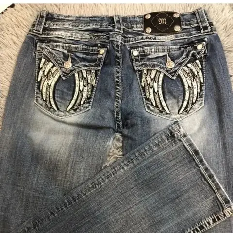 American Retro Miss Me Stivali Jeans larghi su misura Donna Y2K Nuovo tasca ad ala ricamata Harajuku Gotico Hip-Hop Jeans a gamba larga