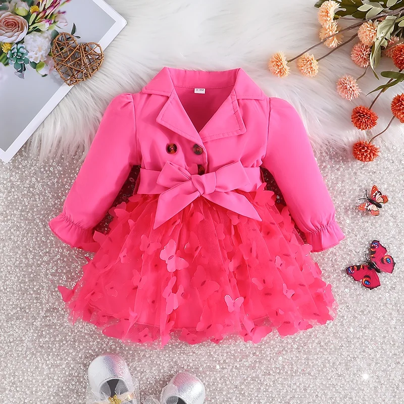 Dress For Kids 3-24 Months Long Sleeve Cute Butterfly Embroidery Mesh with Belt Princess Button Dresses For Newborn Baby Girl