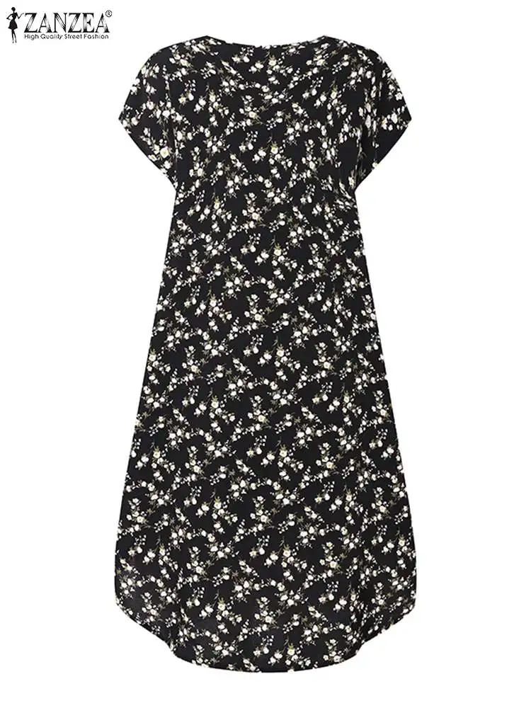 Zanzea Kurzarm Frauen Midi Kleid lässig Sommer Mode Blumen gedruckt Urlaub Vestidos Farb block o Hals abgerundeten Saum Roben