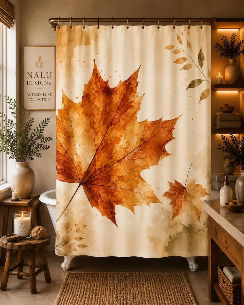 Luxury Amber Canopy Shower Curtain, Autumn Maple Leaf Bathroom Decor, Modern Organic Fall Bath Curtain, Neutral Spa Bathroom