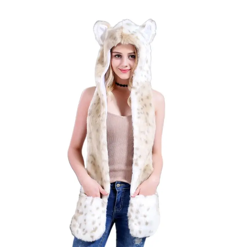 3 en 1 mujeres hombres mullido Animal peluche leopardo capucha bufanda sombrero con patas guantes guantes gruesos cálido