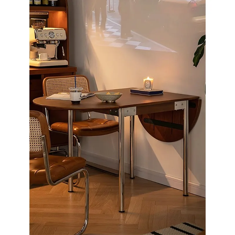 Solid wood stainless steel foldable dining table and chairs household small retractable rectangular table semi-circular dining