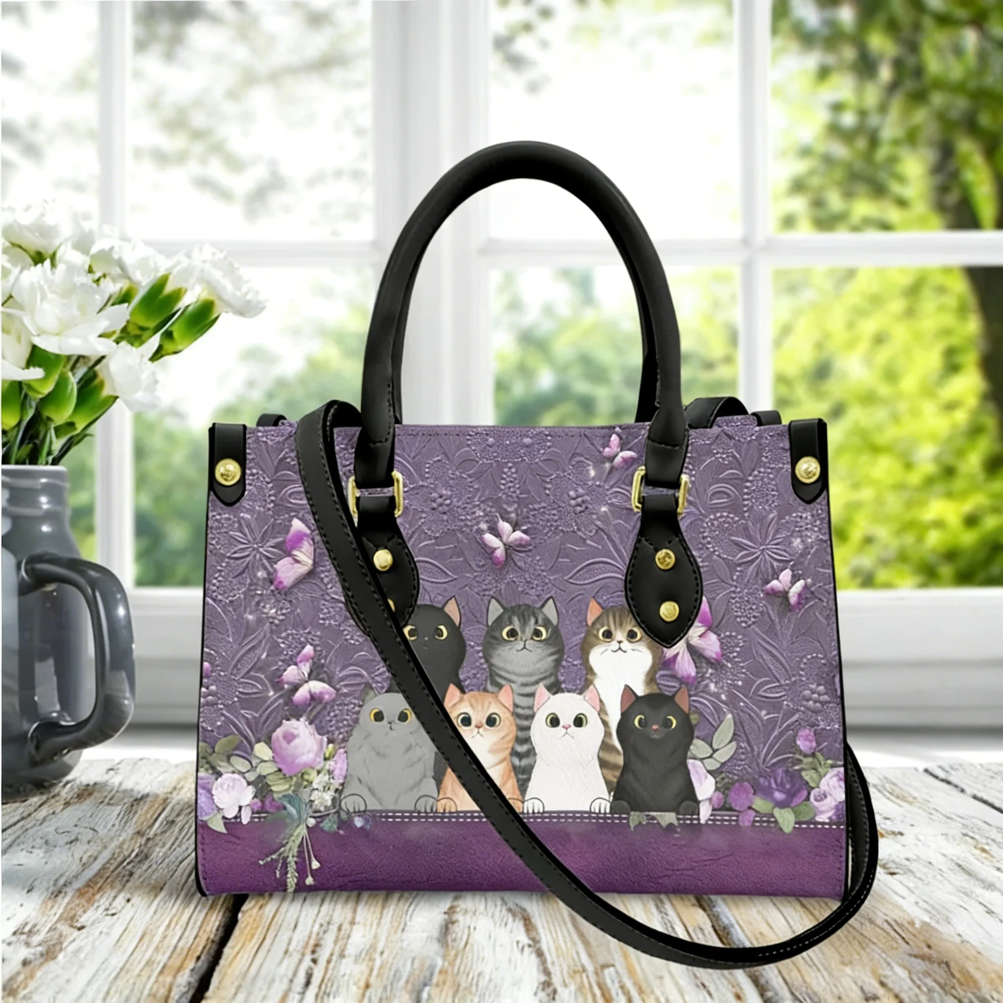 

Cute Cat with Butterfly Design Purple Cross Body Bags for Women Handbags Casual Small Totes Shoulder Bags Woman Bolsa Femme 2023