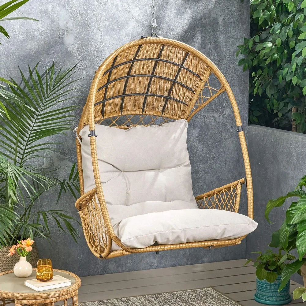 Becky Wicker Hanging Chair with Cushion (Stand Not Included), Light Brown, Brown, Beige, Customized