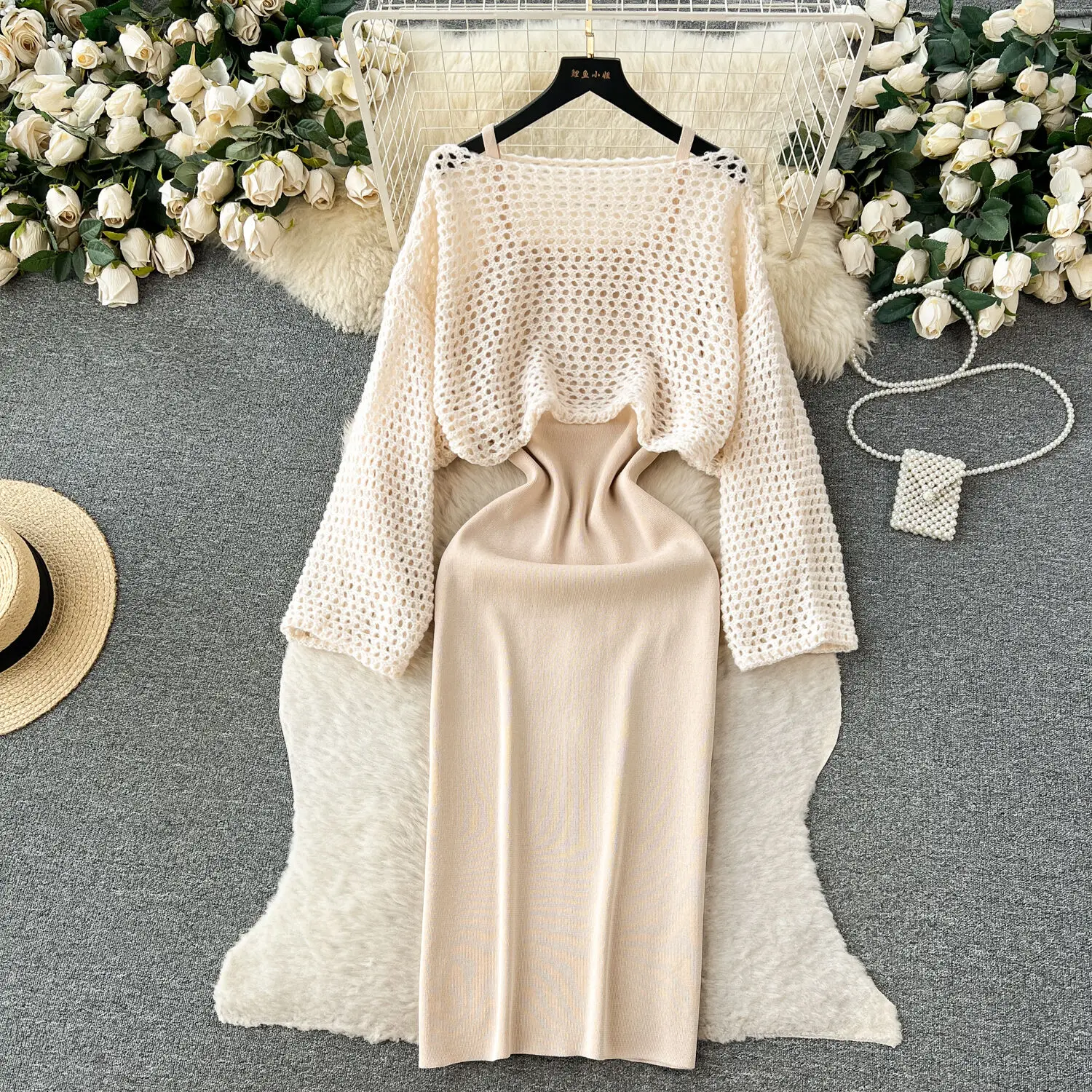 Korean Style Two Piece Set For Women's Loose Hollow Out Sweater Knitted Strap Dress For Women's Fashion Casual Set Autumn Winter